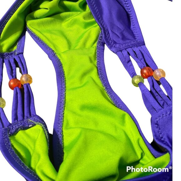Becca 2pc Swimsuit Top D Bottom Lg Purple Green Beaded Nylon Spandex Preloved - Picture 3 of 8